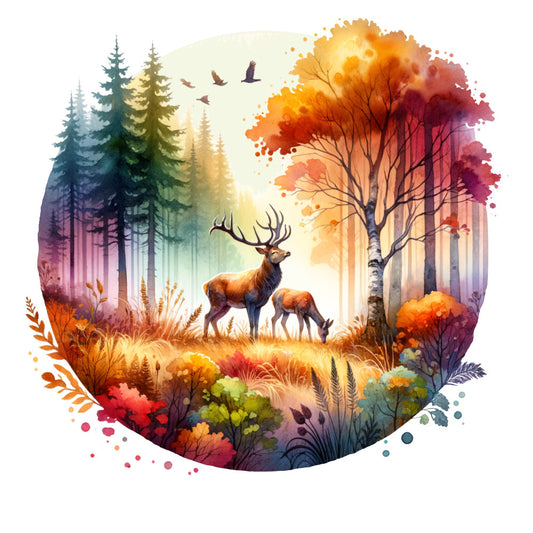 autumn forest, fall colors, deer, wildlife, nature scene, watercolor, warm tones, orange, gold, burgundy, rust, forest green, teal blue, mauve, abstract watercolor, woodland, rustic, whimsical, landscape, birch trees, evergreen trees, fall foliage, seasonal, autumn leaves, birds flying, grasses, wildflowers, boho, artistic, nature lovers