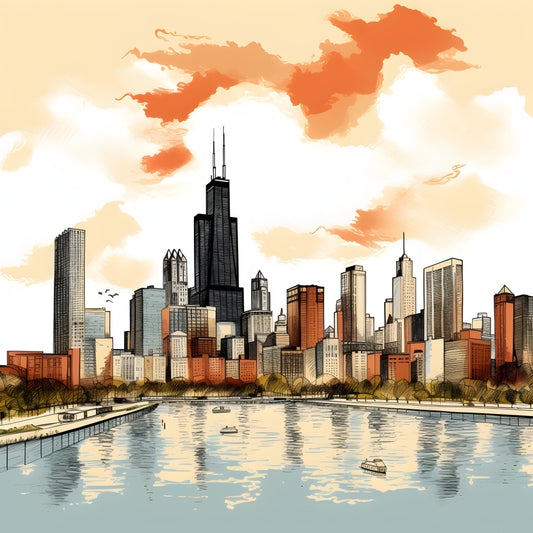 chicago skyline, cityscape, urban landscape, architectural, buildings, skyscrapers, Willis Tower, Lake Michigan, waterfront, downtown, rust orange, burnt orange, cream, beige, tan, charcoal black, steel gray, blue-gray, modern, contemporary, vintage inspired, retro, travel theme, americana, midwest, city living, wall art, home decor, panel quilt, decorative pillow