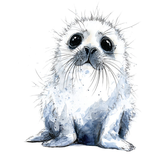 seal, sea lion, marine animal, arctic, watercolor, navy blue, gray, white, blue-gray, soft blue, ink wash, whimsical, cute animal, children's, baby, playful, expressive eyes, adorable, ocean theme, nautical, wildlife, realistic animal, artistic, hand-painted style, contemporary, modern animal portrait, charcoal effect, monochromatic, nursery, kid's quilt