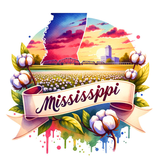 US States Retro Travel Fabric Panel 30 featuring Mississippi with cotton fields and colorful sunset, premium quilting cotton print.