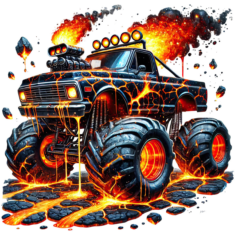 fire truck, monster truck, lava, flames, orange, yellow, red, black, blue, glowing, metallic, lightning, explosive, action, adventure, vehicles, cars, trucks, automotive, hot rod, custom, edgy, bold, dramatic, intense, modern, novelty, boys, kids, superhero