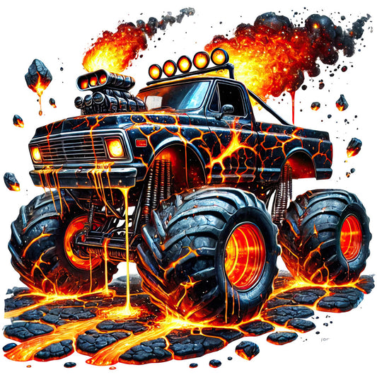 fire truck, monster truck, lava, flames, orange, yellow, red, black, blue, glowing, metallic, lightning, explosive, action, adventure, vehicles, cars, trucks, automotive, hot rod, custom, edgy, bold, dramatic, intense, modern, novelty, boys, kids, superhero