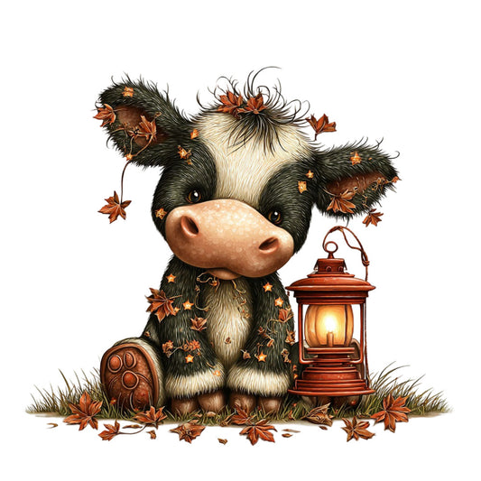 autumn, fall, cow, cattle, black and white, cream, tan, beige, rust, burnt orange, copper, warm tones, whimsical, cute, animal, farmhouse, rustic, nature, seasonal, maple leaves, lantern, cozy, harvest, children's, baby, woodland, folk art, illustration, sweet, charming