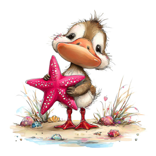 cute duck, beach theme, tropical, whimsical, children's, starfish, coral pink, orange beak, red feet, sandy beach, seashell, shells, nautical, ocean, coastal, seashore, playful, illustrated, cartoon style, nature themed, animals, birds, watercolor, spring, summer, adorable, kid friendly, charming, pastel colors, decorative