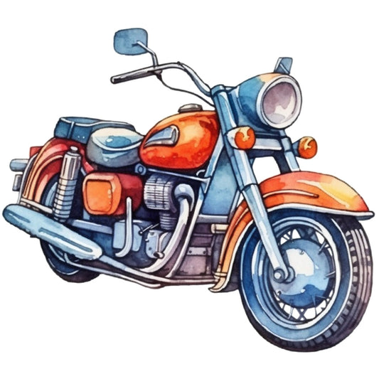 motorcycle, vintage bike, orange, blue, red, chrome, retro styling, cruiser motorcycle, fabric panel, quilting cotton, transportation theme, mechanical details, watercolor style, automotive art, bike illustration, orange tank, blue frame, spoked wheels, handlebars, exhaust pipes