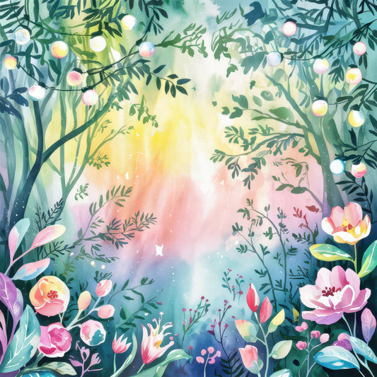 woodland scene, floral design, watercolor style, pink flowers, green foliage, yellow lighting, purple blooms, teal branches, fairy lights, botanical pattern, nature theme, whimsical art, soft pastels, garden motifs, fabric panel, quilting cotton, dreamy atmosphere, spring colors, enchanted forest, delicate florals