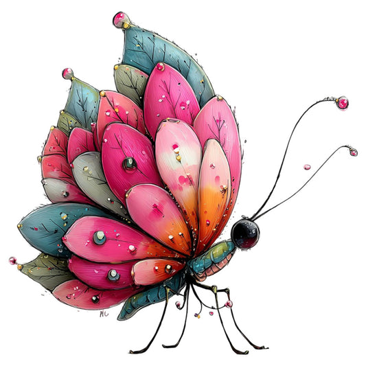 butterfly, whimsical, pink, coral pink, hot pink, magenta, teal blue, dusty blue, sage green, orange, gradient, nature, insects, wings, colorful, spring, summer, modern, artistic, decorative, children's, playful, fantasy, illustrative, jewel tones, metallic accents, wall hanging, home decor, vibrant
