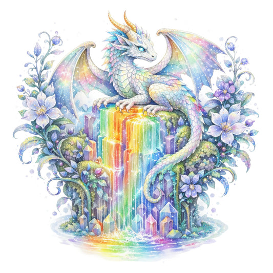 dragon, fantasy, whimsical, rainbow, watercolor, floral, pastel, iridescent, magical, celestial, purple, blue, green, yellow, gold, pink, lavender, flowers, crystals, gemstones, nature, enchanted, fairytale, ethereal, elegant, bohemian, mystical, shimmer, radiant, garden