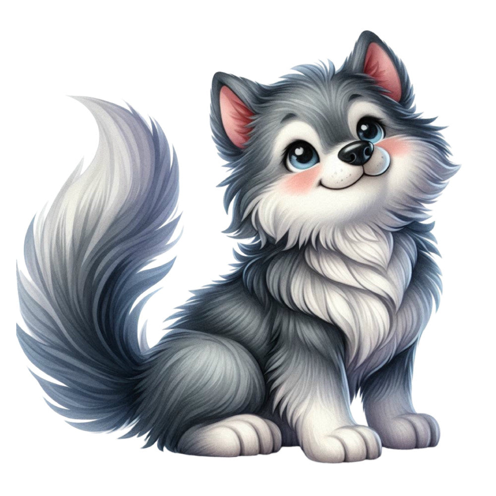 gray and white, slate blue, charcoal gray, soft gray, fluffy, cute animals, cartoon animals, dog, husky, puppy, whimsical, playful, child-friendly, kids, children, baby, nursery, sweet expression, smiling face, large eyes, fluffy tail, animal character, friendly design, soft style, endearing, decorative panel, wall art, bedroom decor, playroom