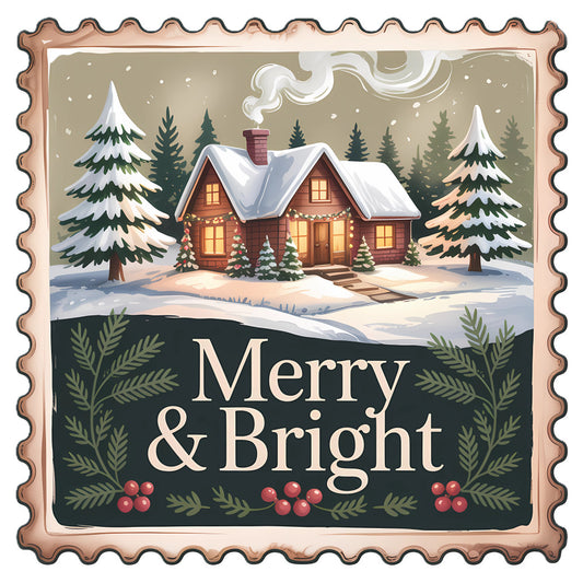 Vintage Christmas Stamps Fabric Panel 9 with cozy snow-covered cabin, pine trees, and "Merry & Bright" festive text design.