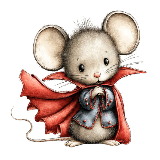 cute mouse, red cape, superhero, armor, whimsical, children's, animal character, fantasy, storybook, illustrated, cream white, steel gray, coral red, brave, adventurous, playful, nursery, baby, kids, character fabric, costume, sword and sorcery, medieval, knight mouse, bold colors, detailed illustration, animal hero, young reader, decorative panel
