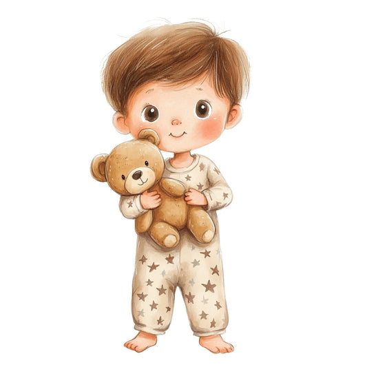 cute baby boy, brown hair, teddy bear, tan, cream, beige, taupe, stars, whimsical, sweet, innocent, nursery, baby quilt, children's, kids fabric, bedtime, pajamas, sleepwear, gentle, soft, playful, neutral tones, toddler, infant, lullaby, starry night, cozy, warm, vintage style