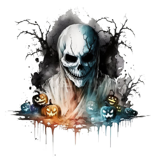 skull, halloween, spooky, ghost, jack-o-lantern, pumpkin, ghouls, haunted, dark academia, gothic, skeleton, autumn, fall, black, white, teal blue, orange, gray, watercolor, splatter, abstract, creepy, eerie, horror, festive, seasonal, holiday, dark theme, moody, ombre effect