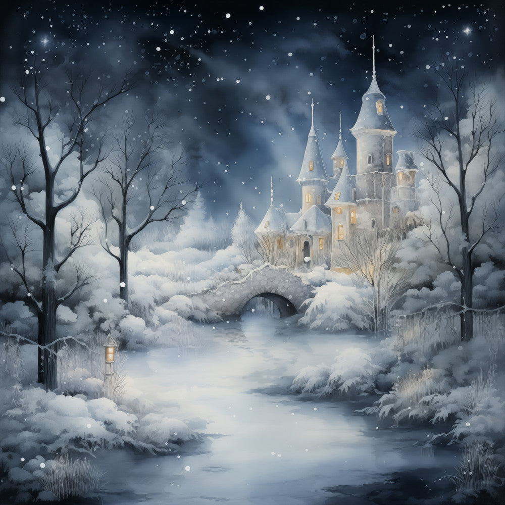 winter wonderland, snowy castle, fairy tale, enchanted, magical, ice palace, frozen landscape, winter palace, snow-covered trees, nighttime snow, starry night, celestial, icy blue, silver white, cream white, pale gold, soft gray, holiday fantasy, christmas magical, storybook illustration, whimsical castle, elegant winter, romantic winter, winter night, snowy bridge, frosted trees, fantasy architecture, dreamy, mystical, winter scene