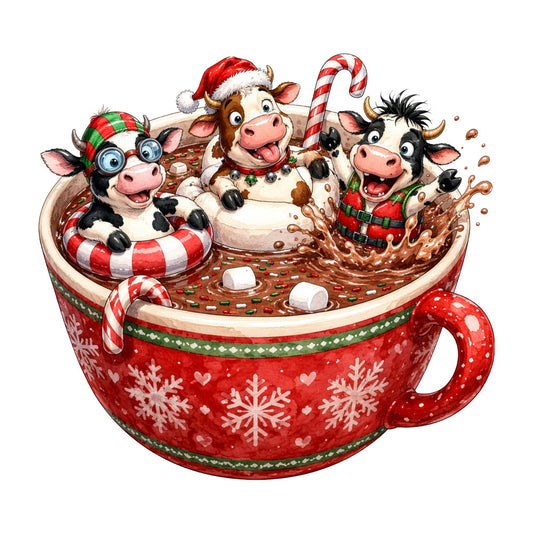 red, white, green, cream, brown, christmas, holiday, cows, farm animals, whimsical, festive, candy cane, hot chocolate, cocoa, snowflakes, hearts, plaid, striped, winter, seasonal, playful, humorous, novelty, decorative, children's, cute animals, festive animals, holiday themed, christmas animals, snow