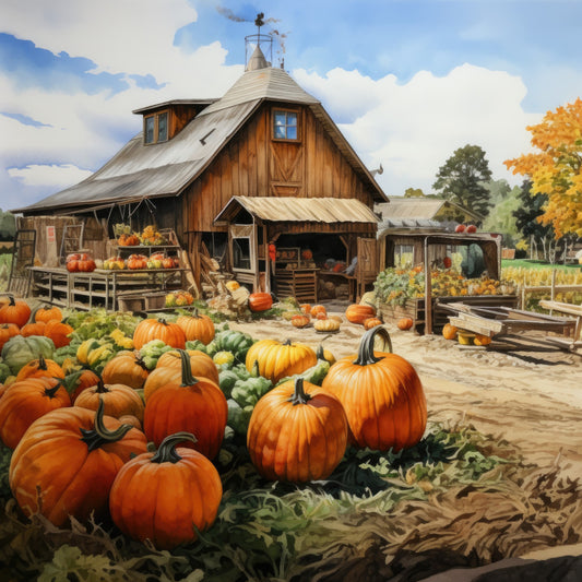autumn, fall, pumpkin, harvest, farmhouse, rustic, barn, countryside, orange, cream, golden yellow, forest green, sky blue, white, seasonal, thanksgiving, farm scene, pumpkin patch, wooden structures, weathered, traditional, nostalgic, scenic, landscape, cottage core, nature, agricultural, bucolic, warm tones, october