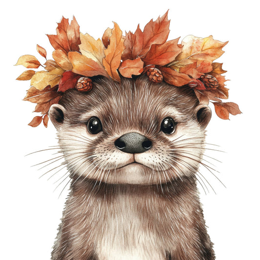 autumn leaves, fall foliage, otter, woodland animal, cute animal, watercolor, orange, rust, brown, cream, tan, burnt orange, golden yellow, nature themed, forest animal, whimsical, adorable, children's fabric, baby quilt, nursery decor, autumn harvest, seasonal, animal portrait, sweet animal face, pinecones, cozy, warm colors, illustration style, detailed artwork