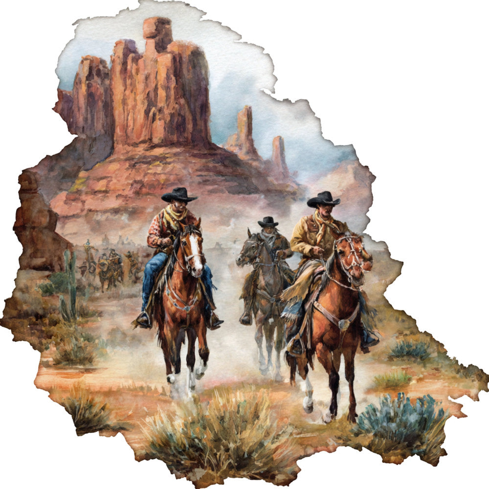 western, cowboy, desert, monument valley, horses, riders, buttes, landscape, rustic, vintage, americana, southwest, scenic, brown, tan, rust, terracotta, orange, sage green, dusty blue, cream, landscape panel, scenic panel, wild west, equestrian, horseback, traditional, nostalgic, adventure, frontier