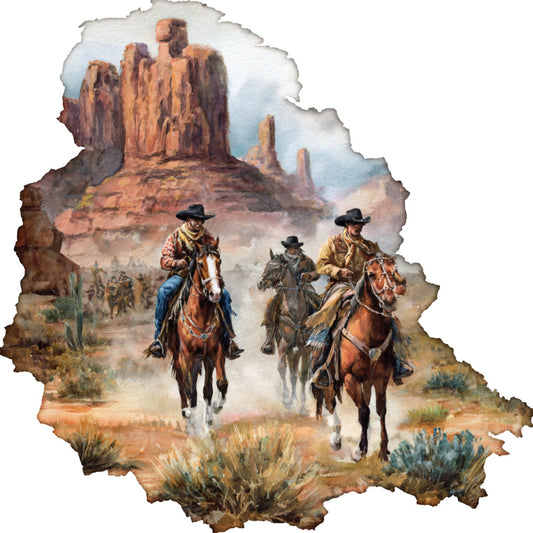 western, cowboy, desert, monument valley, horses, riders, buttes, landscape, rustic, vintage, americana, southwest, scenic, brown, tan, rust, terracotta, orange, sage green, dusty blue, cream, landscape panel, scenic panel, wild west, equestrian, horseback, traditional, nostalgic, adventure, frontier