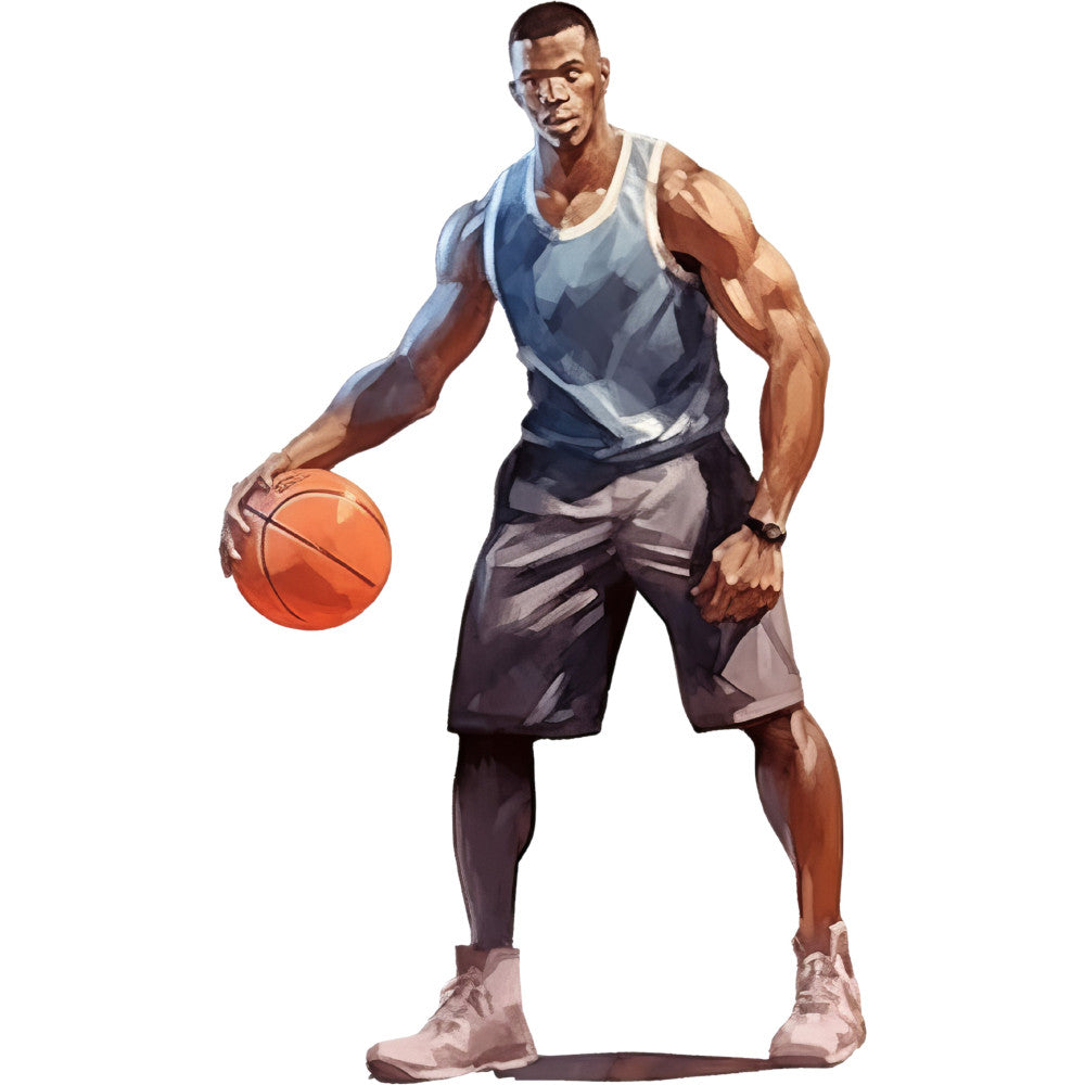 basketball player, sports, athletic, muscular man, male figure, portrait, realistic illustration, navy blue, gray, tan, beige, orange, basketball, sports themed, modern style, contemporary, action pose, gym wear, tank top, shorts, sneakers, sports fan, basketball court, athletic wear, masculine, strength, fitness, game day, team spirit