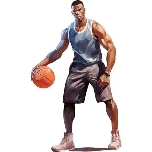 basketball player, sports, athletic, muscular man, male figure, portrait, realistic illustration, navy blue, gray, tan, beige, orange, basketball, sports themed, modern style, contemporary, action pose, gym wear, tank top, shorts, sneakers, sports fan, basketball court, athletic wear, masculine, strength, fitness, game day, team spirit