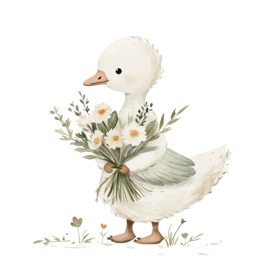 white duck, cream white, sage green, soft green, tan brown, blush pink, daisy flowers, floral, botanical, animal, bird, farmhouse, whimsical, nursery, baby, spring, cute, gentle, watercolor, illustration, countryside, nature, sweet, charming, decorative, children's, storybook, pastoral, hearts, leaves