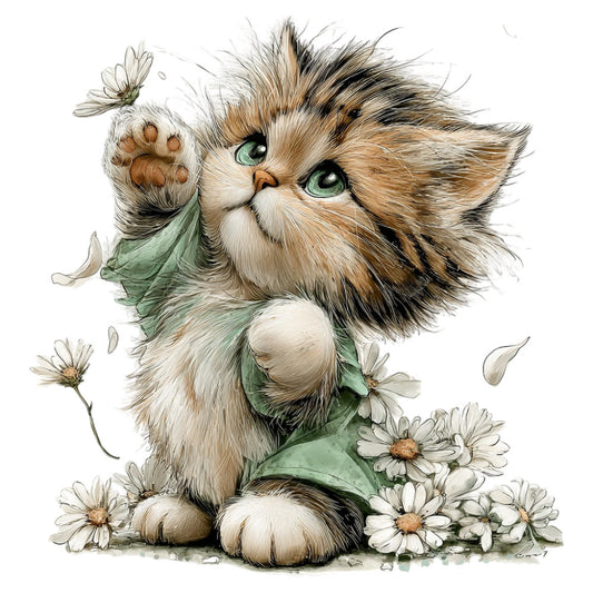 fluffy cat, tabby cat, kitten, cat lover, whimsical animals, nature inspired, floral design, daisies, white flowers, green leaves, soft colors, cream white, sage green, tan brown, delicate florals, spring, botanical, gentle, cute animals, illustration style, storybook art, children's, playful, sweet, tender, peaceful garden, animal portraits, watercolor style