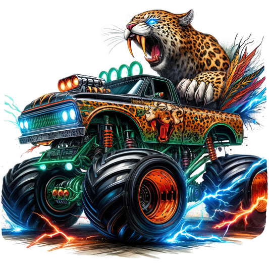 monster truck, leopard, big cat, neon lights, electric blue, orange, green, gold, animal print, spotted pattern, wild cat, roaring animal, automotive, vehicles, action-packed, bold, vibrant, edgy, modern, cool, teenage boy, adventure, fierce, tropical, metallic accents, lightning bolts, energy, dynamic, high-octane