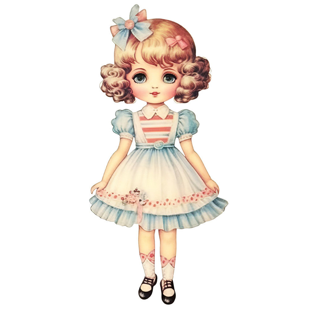vintage doll, retro girl, 1950s fashion, pastel pink, soft blue, cream, coral pink, pale yellow, nostalgic, whimsical, sweet, charming, doll dress, ribbon bow, curled hair, mary jane shoes, striped bodice, puffed sleeves, flounced skirt, girl illustration, character print, storybook, children's, nursery, baby girl, classic style, mid-century, feminine, adorable, decorative panel