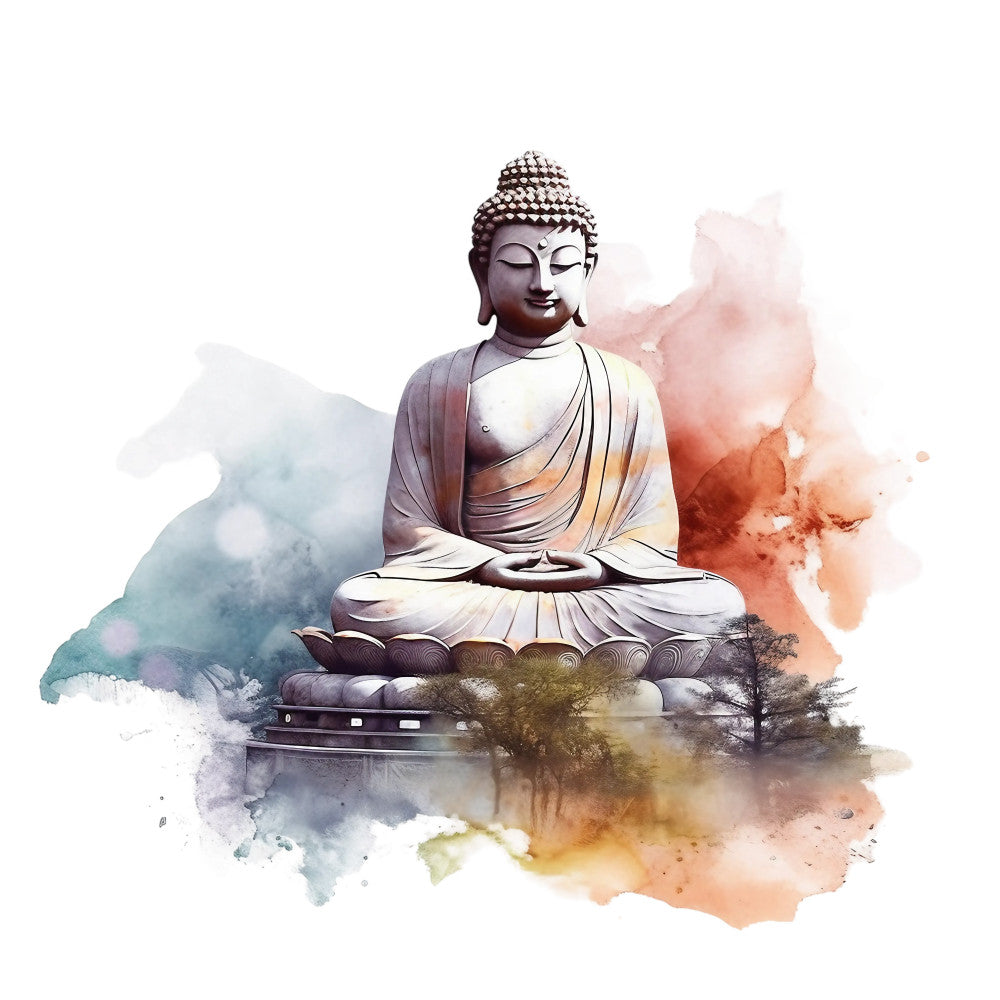 watercolor, buddha statue, meditation pose, lotus position, serene expression, spiritual art, peaceful scene, orange watercolor, teal watercolor, purple hues, yellow accents, abstract background, buddhist imagery, tranquil mood, fabric panel, quilting cotton, zen garden, mindfulness design, sitting buddha, sacred art