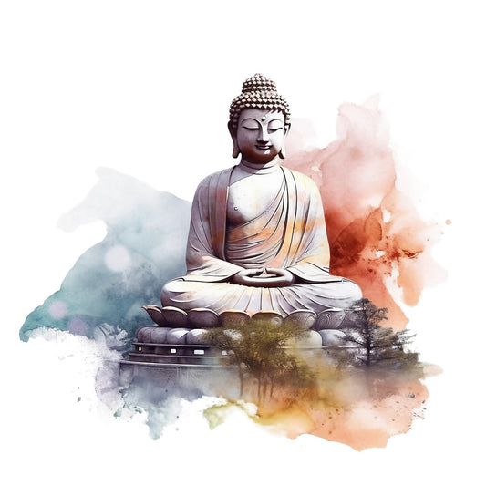 watercolor, buddha statue, meditation pose, lotus position, serene expression, spiritual art, peaceful scene, orange watercolor, teal watercolor, purple hues, yellow accents, abstract background, buddhist imagery, tranquil mood, fabric panel, quilting cotton, zen garden, mindfulness design, sitting buddha, sacred art