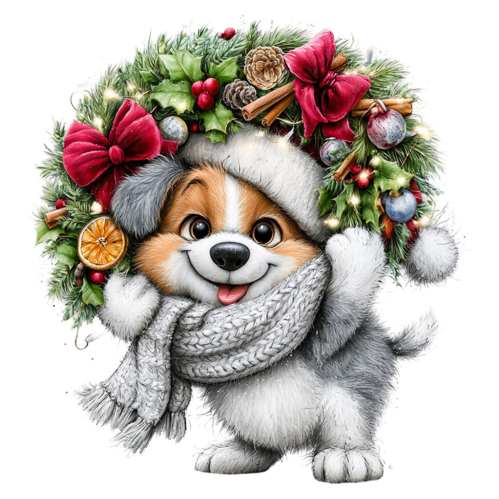 holiday dog, christmas puppy, festive animals, winter wreath, red bows, evergreen, pinecones, ornaments, cozy sweater, knit scarf, whimsical, cute animals, seasonal decor, christmas theme, red and green, gold accents, soft colors, warm tones, cheerful, jolly, holiday spirit, winter animals, decorative wreath, festive mood, family friendly, joyful expression, holiday gift, traditional christmas