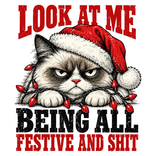 grumpy cat, christmas, holiday, red and white, festive, funny, humorous, sarcastic, cat lover, pet themed, winter, seasonal, snarky, novelty, humor, dark comedy, attitude, text design, typography, statement print, whimsical, contemporary, pop culture, animal motif, bold text, graphic design, christmas lights, red accent, black and cream