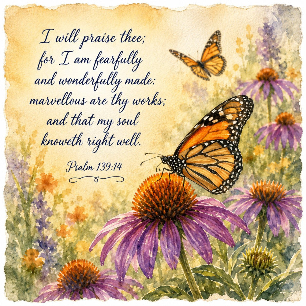 butterflies, monarch butterflies, purple coneflowers, echinacea, wildflowers, garden flowers, inspirational, religious, scripture, psalm, spiritual, nature, botanical, insects, pollinators, spring, summer, garden theme, vintage style, watercolor, soft colors, cream, golden yellow, purple, orange, brown, green, floral motifs, flower garden, cottage garden