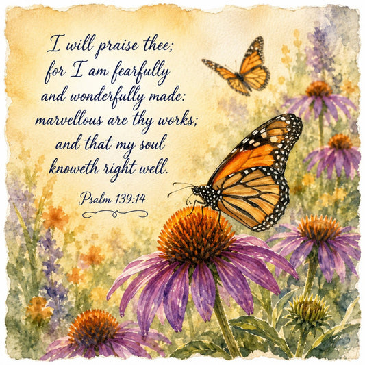 butterflies, monarch butterflies, purple coneflowers, echinacea, wildflowers, garden flowers, inspirational, religious, scripture, psalm, spiritual, nature, botanical, insects, pollinators, spring, summer, garden theme, vintage style, watercolor, soft colors, cream, golden yellow, purple, orange, brown, green, floral motifs, flower garden, cottage garden