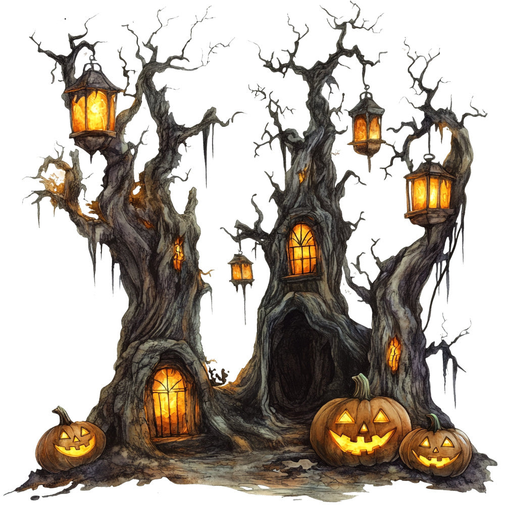 halloween, haunted house, spooky, jack-o-lantern, pumpkin, ghost, creepy tree, gnarled branches, twisted tree, bare tree, lanterns, glowing windows, autumn, fall, orange, black, gray, charcoal, golden yellow, dark, moody, gothic, whimsical, scary, festive, holiday, wall hanging, home decor, illuminated, nighttime