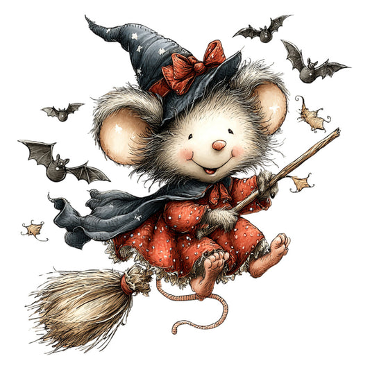 cute mouse, witch mouse, halloween mouse, witch hat, broomstick, bats, spiders, red dress, polka dots, black hat, whimsical, autumn, halloween, fall, festive, children's, storybook, illustrated, charming, playful, cream, rust red, black, gray, animal characters, holiday themed, vintage style, sweet, enchanted, magical