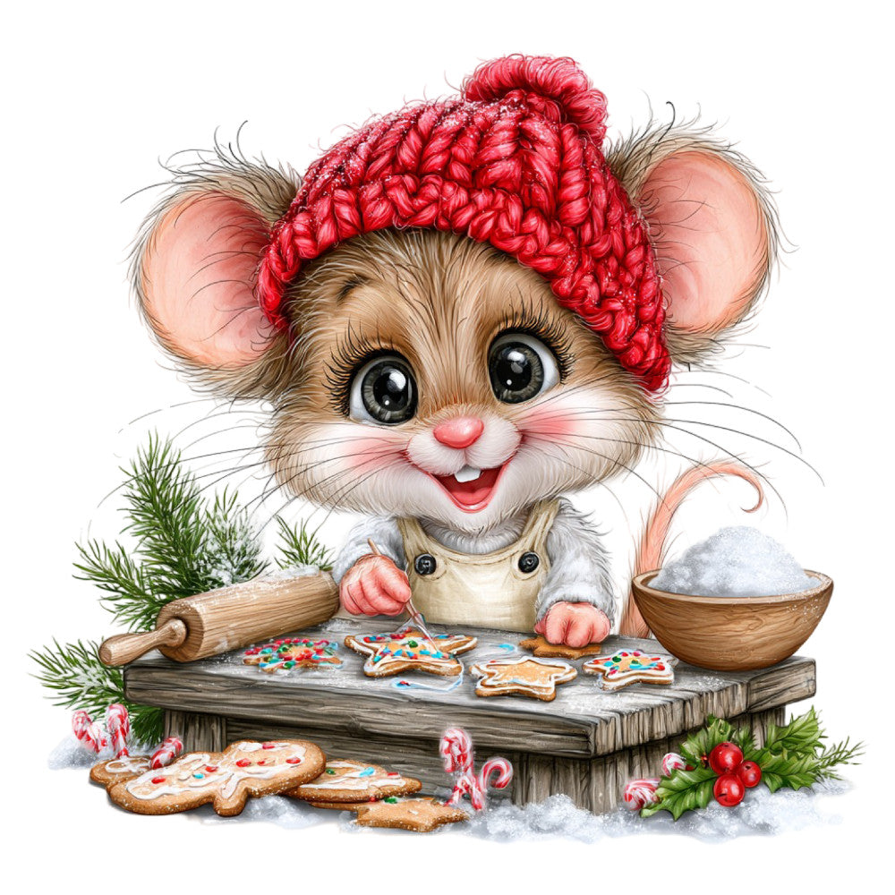 cute mouse, holiday, christmas, gingerbread cookies, candy canes, festive, whimsical, red hat, winter, snow, baking, kitchen, animals, children, baby, charming, sweet, vintage style, rustic, cream, red, green, brown, pink, gingerbread man, rolling pin, flour bowl, pine branches, holly berries, decorative
