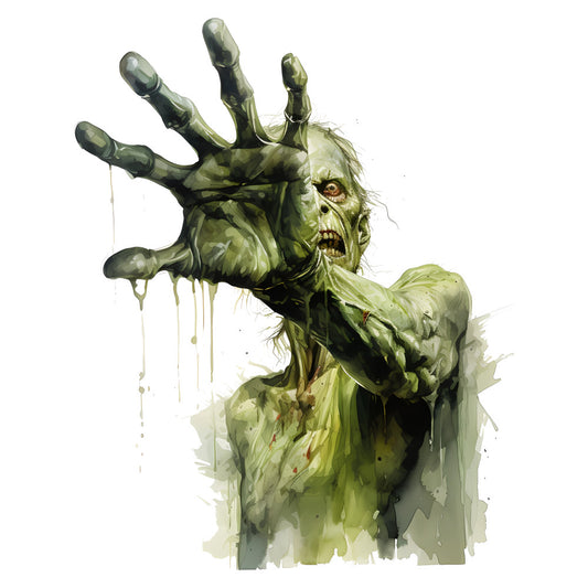 zombie green, undead, horror, gothic, spooky, halloween, monster, creature, supernatural, pale green, sage green, olive green, dark green, gray-green, watercolor, dripping, abstract, fantasy, dark fantasy, scary, eerie, creepy, vintage horror, classic monster, wall hanging, home decor, artistic, expressive, atmospheric, tim burton style