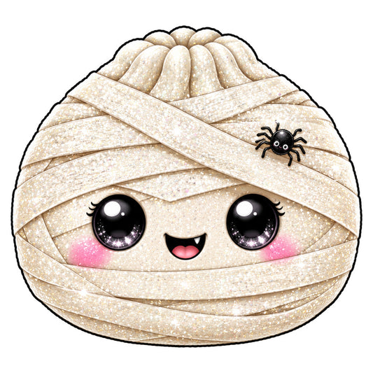 cream, beige, tan, gold, sparkle, glitter, mummy, halloween, cute, kawaii, whimsical, playful, child-friendly, kids, spooky, festive, wrapped, bandages, spider, insects, big eyes, smiling face, rosy cheeks, charming, fun, novelty, costume, holiday, autumn, fall