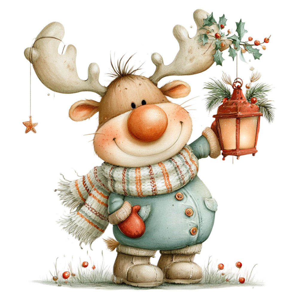 reindeer, christmas, holiday, whimsical, cute animals, festive, cream, sage green, rust orange, burnt orange, striped sweater, lantern, holly berries, winter, seasonal, charming, decorative, children's, storybook, naive art, folk art, rustic, cozy, sweater pattern, scarf, jolly, gift, festive cheer, winter animals, cheerful