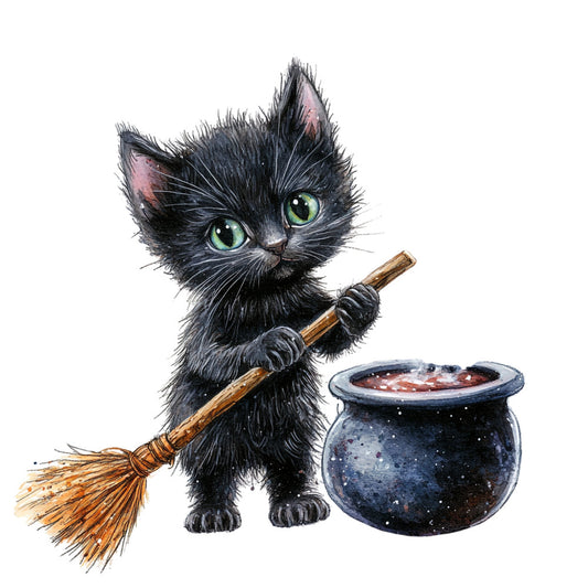 black cat, witch, magical, cauldron, broomstick, charcoal black, emerald green, sage green, celestial, stars, mystical, whimsical, fantasy, halloween, spooky, potion, witchcraft, enchanted, dark magic, folklore, storybook, illustration, cute animal, green eyes, rustic wood, dark academia, gothic, seasonal, autumn, october