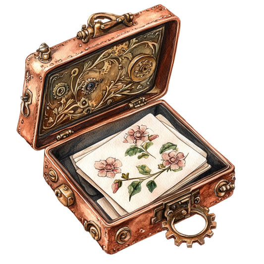 steampunk, vintage, botanical, floral, pink flowers, coral pink, copper, bronze, brass, gears, mechanical, rose, leaves, green, cream, nature, victorian, elegant, whimsical, retro, antique, suitcase, travel, adventure, spring, summer, romantic, cottage core, illustration, botanical art