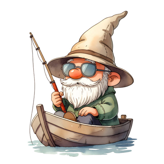 gnome, fishing, wizard hat, pointed hat, whimsical, nautical, garden gnome, beige, cream, sage green, forest green, tan, brown, orange, blue-gray, vintage, charming, quirky, humorous, magical, fantasy, boat, fishing rod, children's, whimsy, playful, storybook, woodland, adventure, illustration style