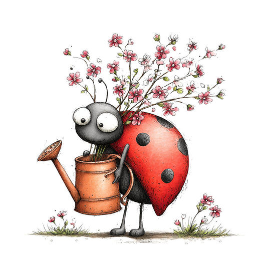 ladybug, red and black, whimsical, nature, garden, flowers, pink flowers, cherry blossoms, watering can, insects, animals, spring, cute, children's, kids fabric, nursery, playful, character fabric, illustration, botanical, floral, trending, modern whimsy, cottage core, farmhouse, rustic charm, nature lovers, garden theme, bright colors