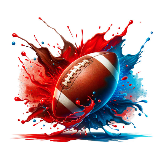 watercolor football, red splash, blue splash, sports theme, athletic design, paint splatter, dynamic motion, brown football, white stripes, fabric panel, quilting cotton, energetic artwork, liquid paint effect, patriotic colors, team colors, masculine design, sports decor, vibrant splashes, artistic style, game day theme