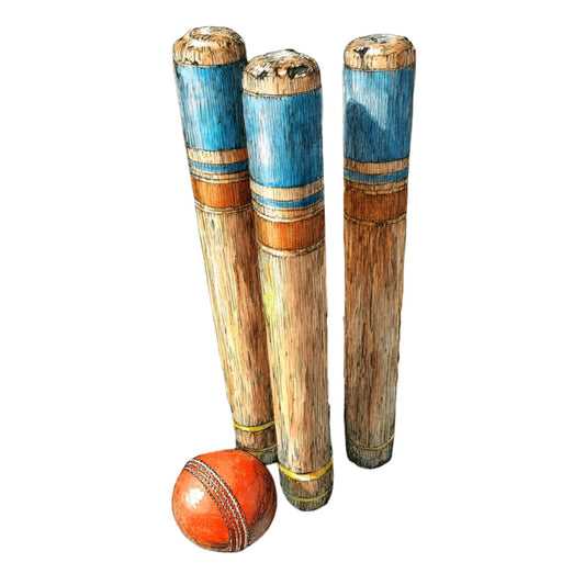 cricket bat, red ball, wooden bat, sports, vintage sports, recreational games, blue and wood tones, tan wood, natural wood, brown wood, tan and blue, striped design, banding detail, traditional sports, classic games, outdoor recreation, sports equipment, rust red, cream wood, metallic accents, traditional style, rustic style, sports themed, game room, vintage recreation, nostalgic design, athletic motif, leather ball, stripe pattern, blue stripe