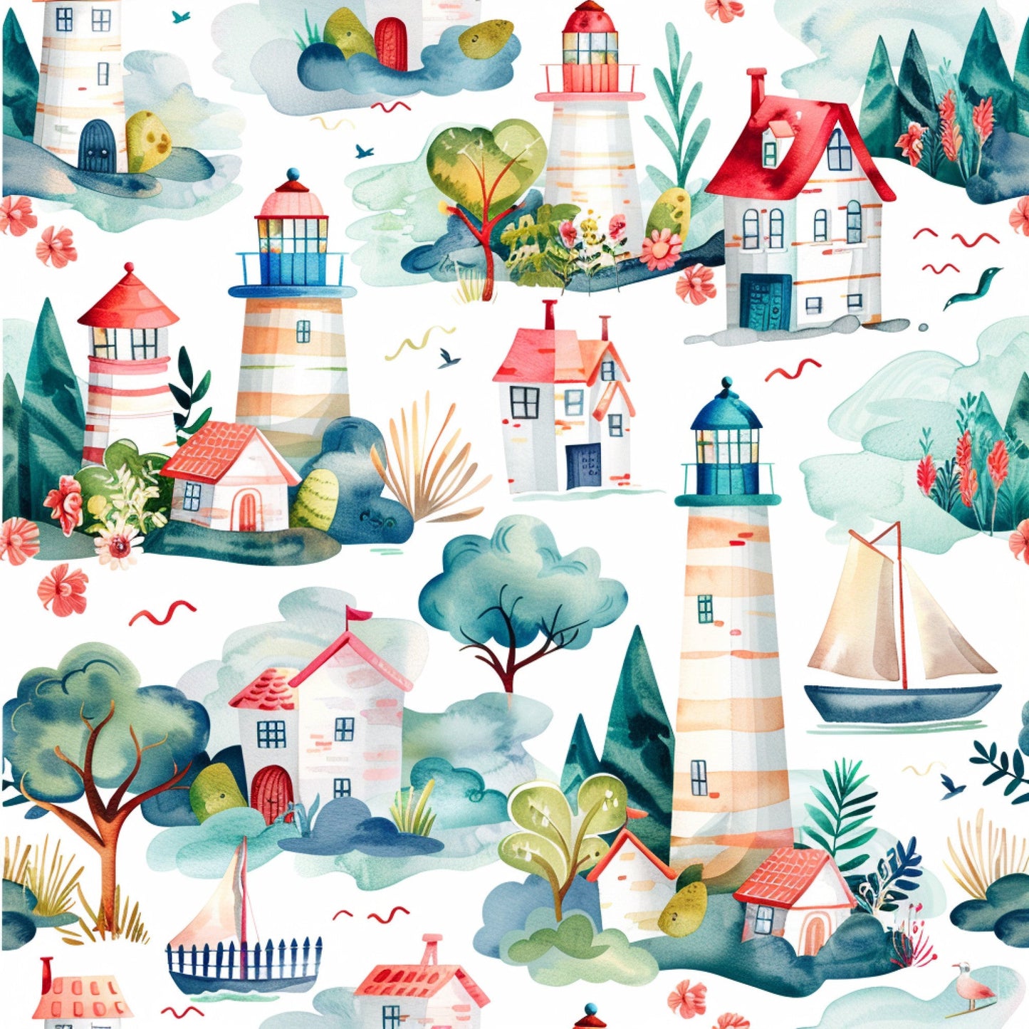 Springtime Lighthouse Scene Pattern 12 Quilting Cotton Fabric