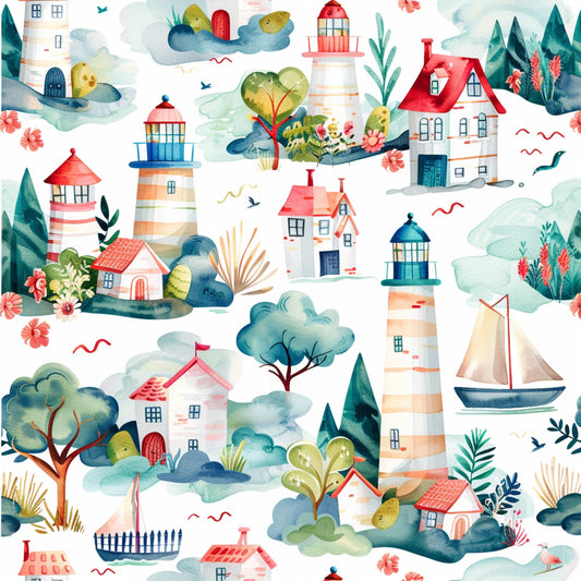 Springtime Lighthouse Scene Pattern 12 Quilting Cotton Fabric