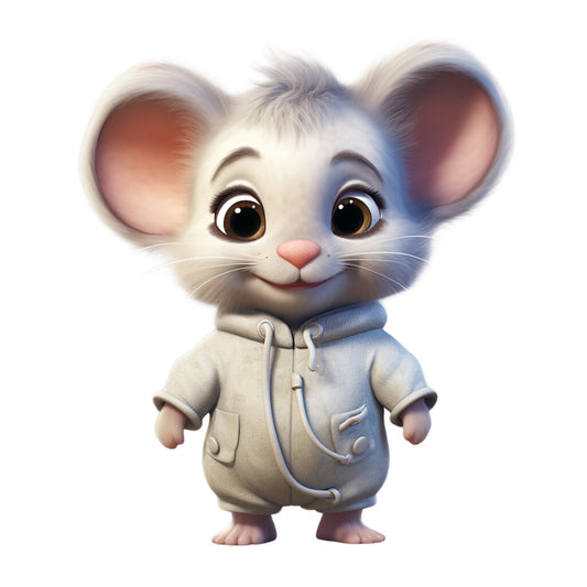 cute mouse, baby animal, white fur, large ears, brown eyes, gray hoodie, pajamas, sleepwear, adorable character, cartoon style, whimsical art, soft colors, cream background, fabric panel, quilting cotton, nursery theme, children's fabric, anthropomorphic animal, innocent expression, cozy clothing